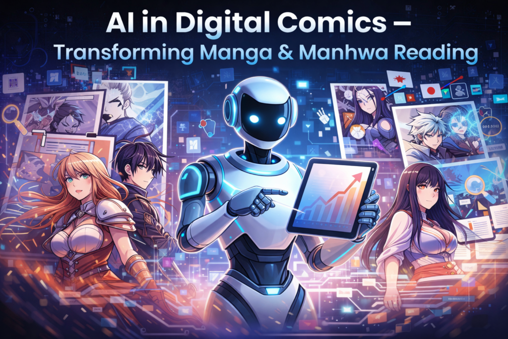 AI in digital comics transforming manga and manhwa reading with futuristic robot and illustrated characters